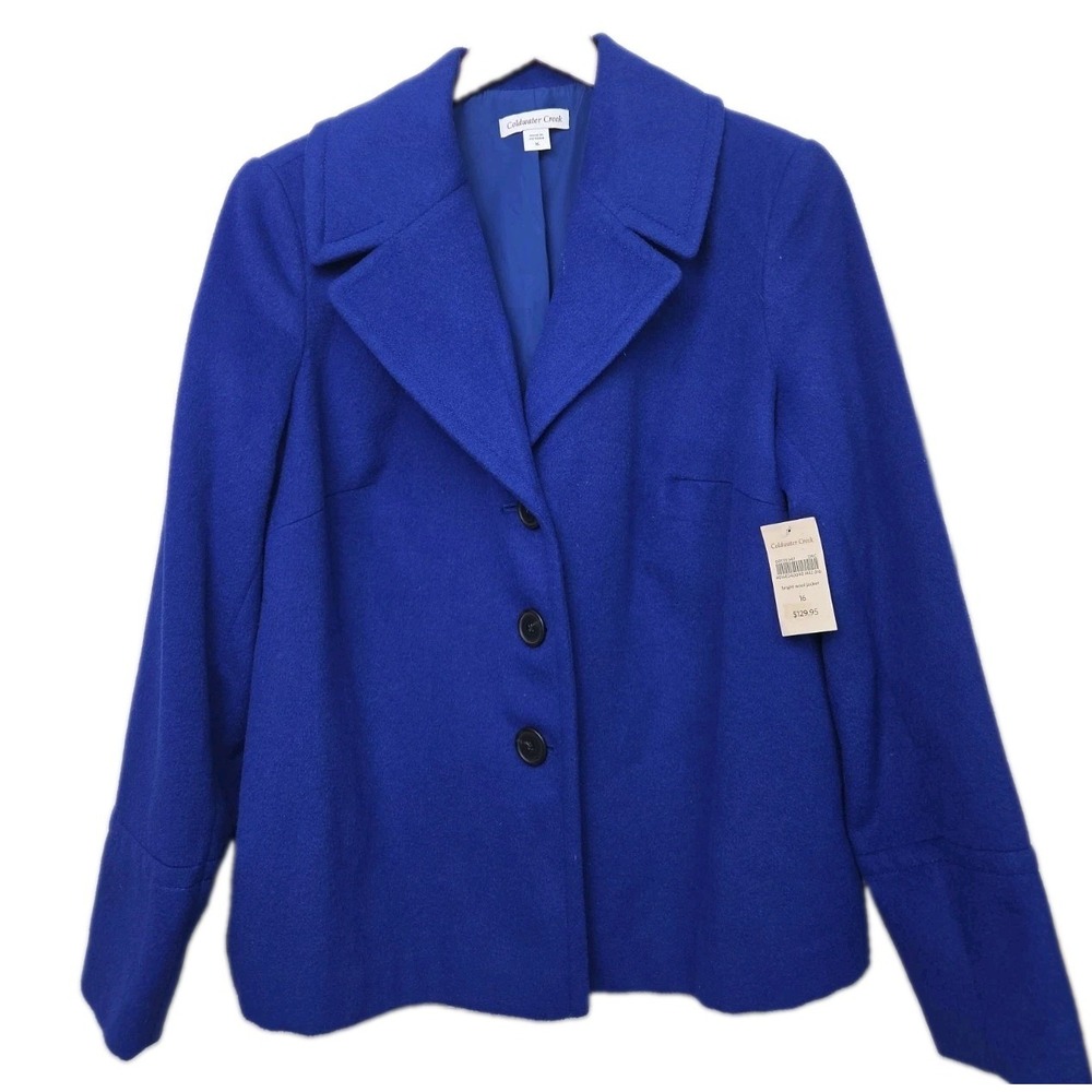 NWT Coldwater Creek Bright Wool Jacket Blazer Blue Cropped Coat NEW $129 Size 16